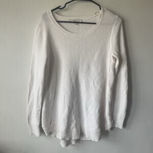 LOFT Ivory Cotton Knit Crew Neck Sweater Size MEDIUM Ribbed Hem Cuffs